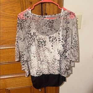 J-Lo White and Brown Leopard Print Sheer Top